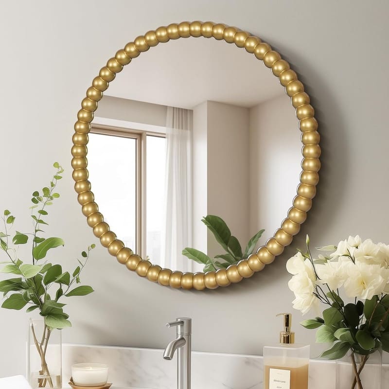 Antique Farmhouse Beaded Round Wall Mirror