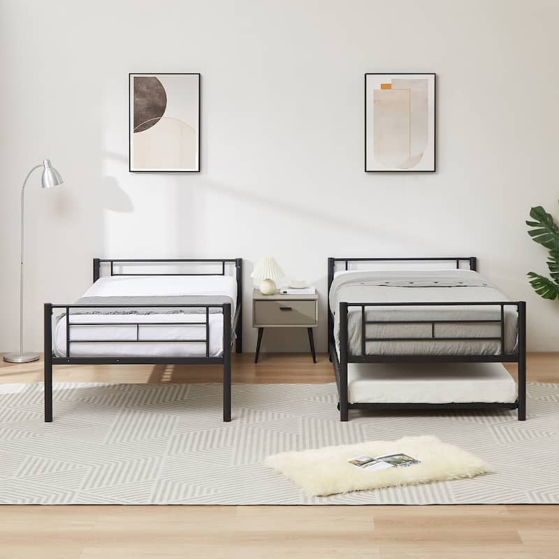 Twin Over Twin Bunk Bed with Trundle, Detachable Twin Bunk Beds w/ 2 Side Ladders & Full-Length Guardrails