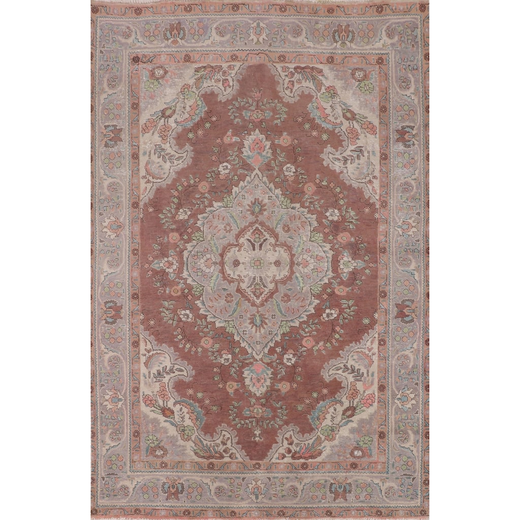 Vintage Tabriz Persian Vintage Area Rug Handmade Brown Wool Carpet - 6'8"x 10'0"