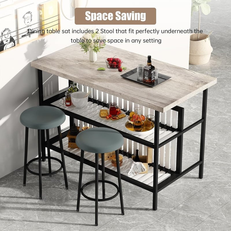 Grondin Mid-Century Modern 3-Piece Faux Marble Top Kitchen Island Set with 2 Stools and Shelves
