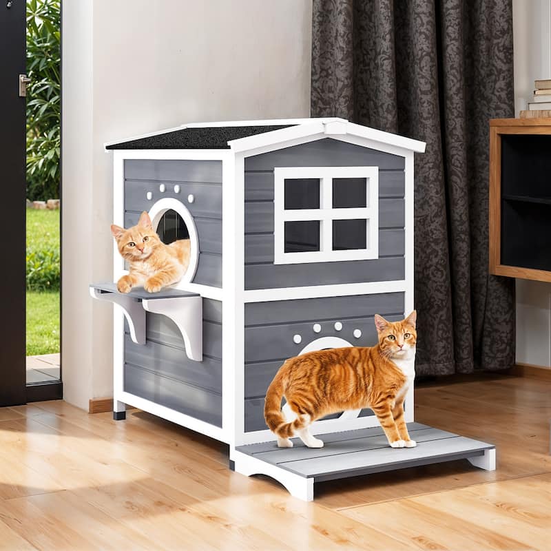 Moasis Two-Story Outdoor Cat House for 2 Cats, Cat Shelter with Openable Roof - Two Story - Grey