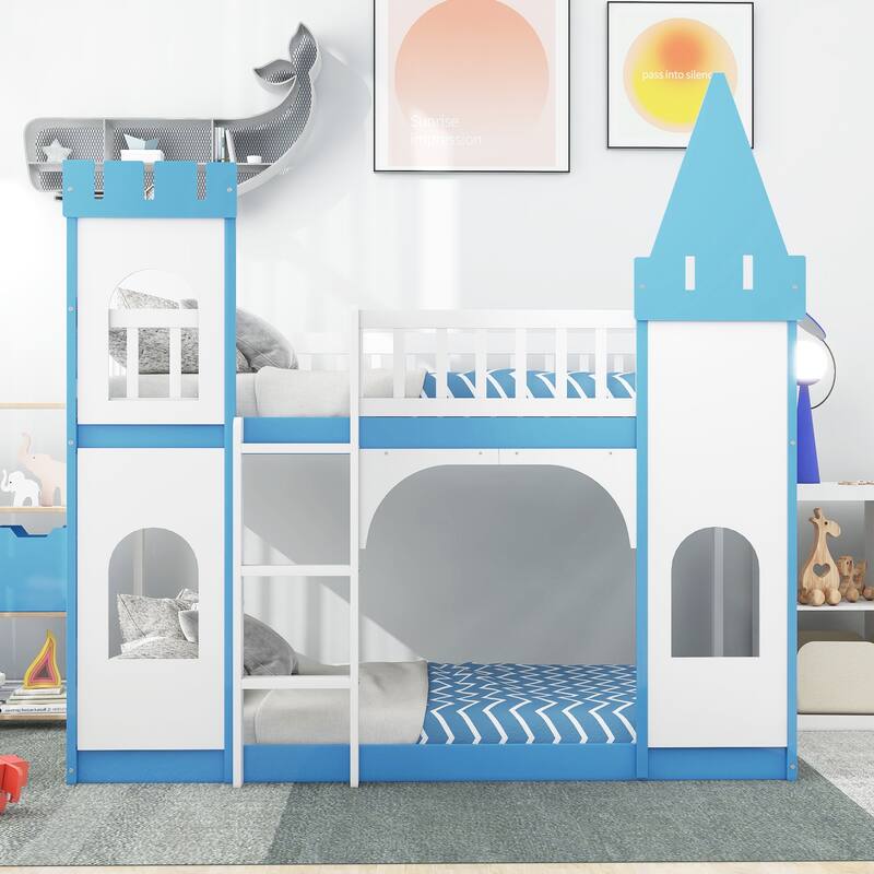 Castle Shaped Wood Bunk Bed with Door and Window, Twin Over Twin Size - Blue - Twin
