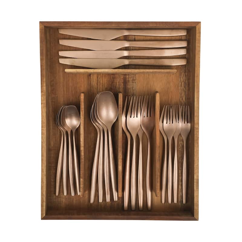 Bloomhouse 20 Piece Flatware 18/10 Stainless Steel Silverware Cutlery Utensil Set With Acacia Wood Caddy - Service for 4 - Stone Washed Rose Gold