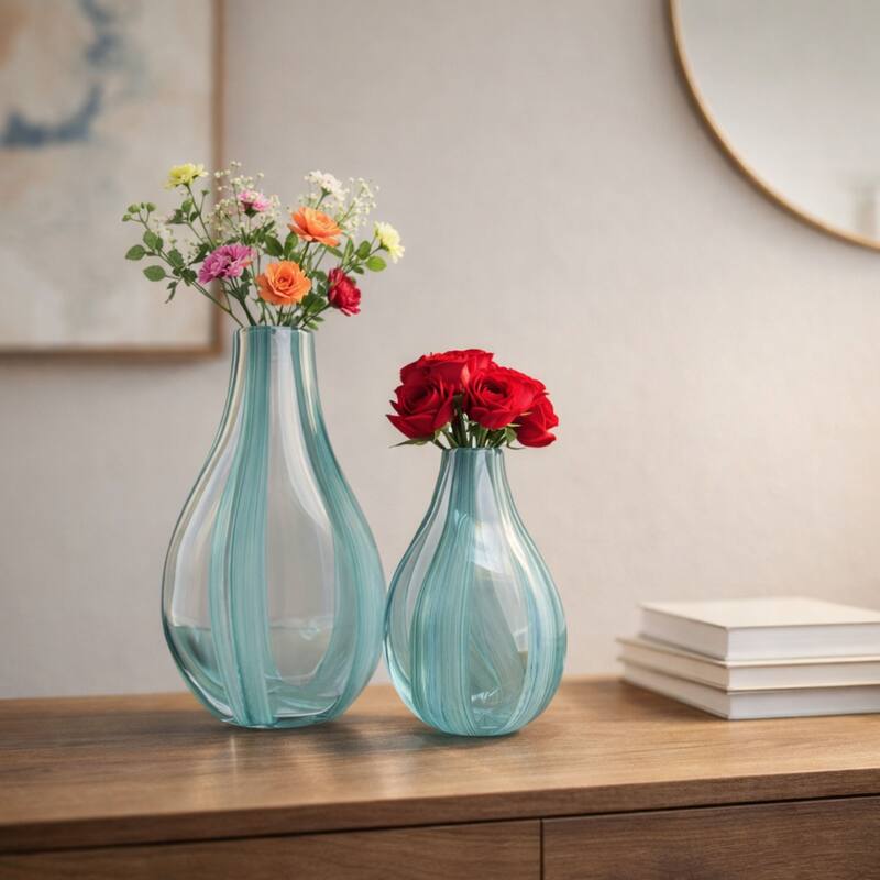 Green Striped Tear Drop Glass Set of Two Elegant Art Deco Vases