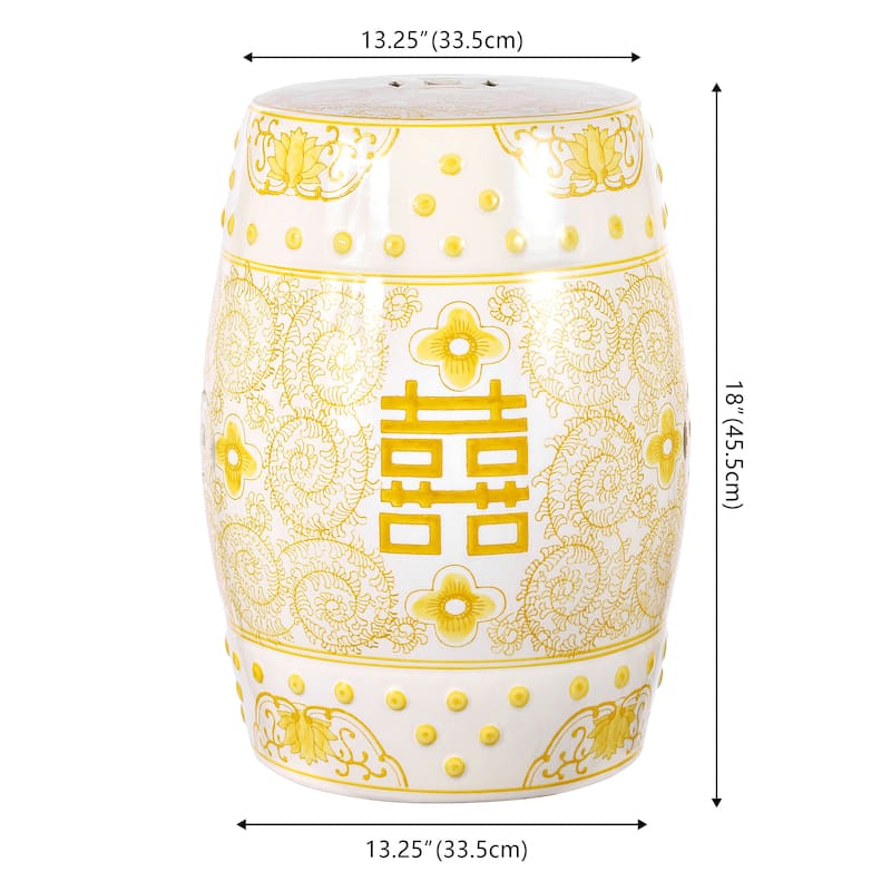 Double Happiness 18" Chinoiserie Ceramic Drum Garden Stool, Blue/White