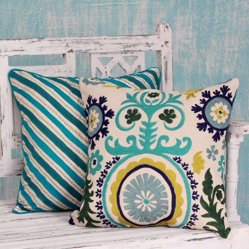 NOVICA Aqua Fusion Embroidered cushion covers