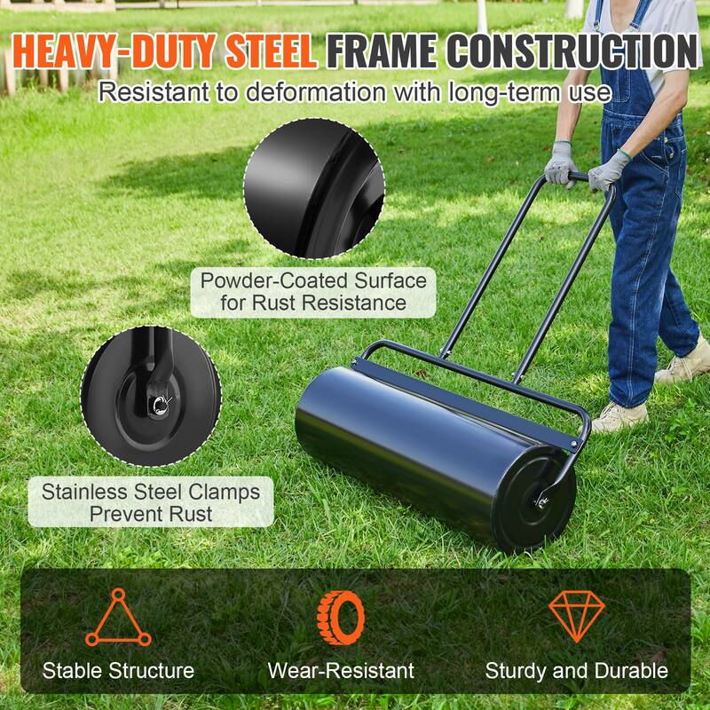 Lawn Roller, Sand/Water Filled Yard Roller, Steel Sod Roller with Easy-turn Plug and U-Shaped Ergonomic Handle