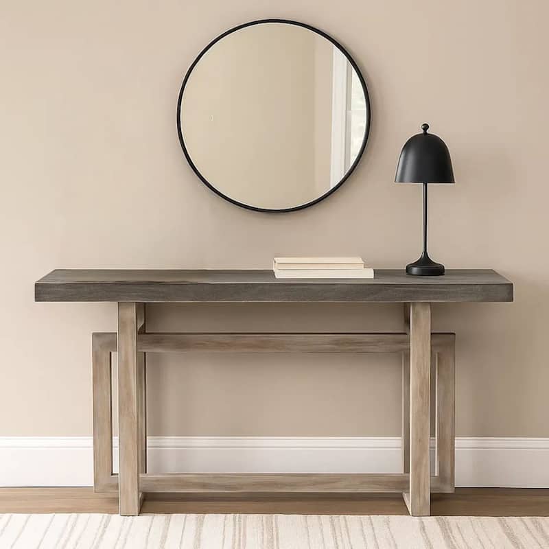 59 Inch Artisan Crafted Farmhouse Console Table with Geometric Interlocked Base, Rustic Light Brown - Brown - Wood