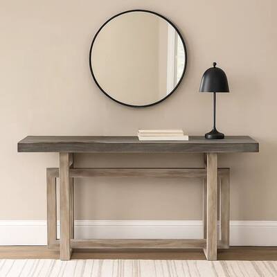 59 Inch Artisan Crafted Farmhouse Console Table with Geometric Interlocked Base, Rustic Light Brown