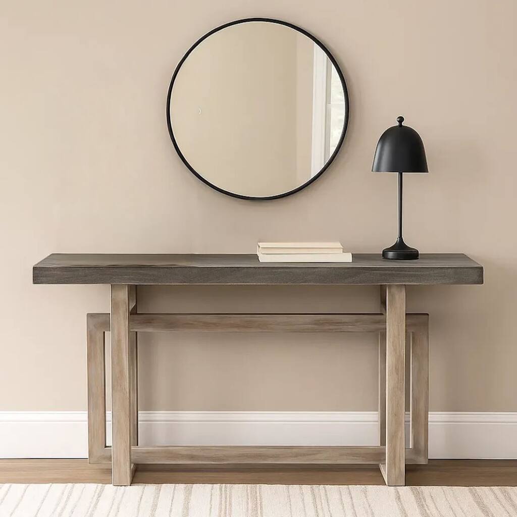 59 Inch Artisan Crafted Farmhouse Console Table with Geometric Interlocked Base, Rustic Light Brown