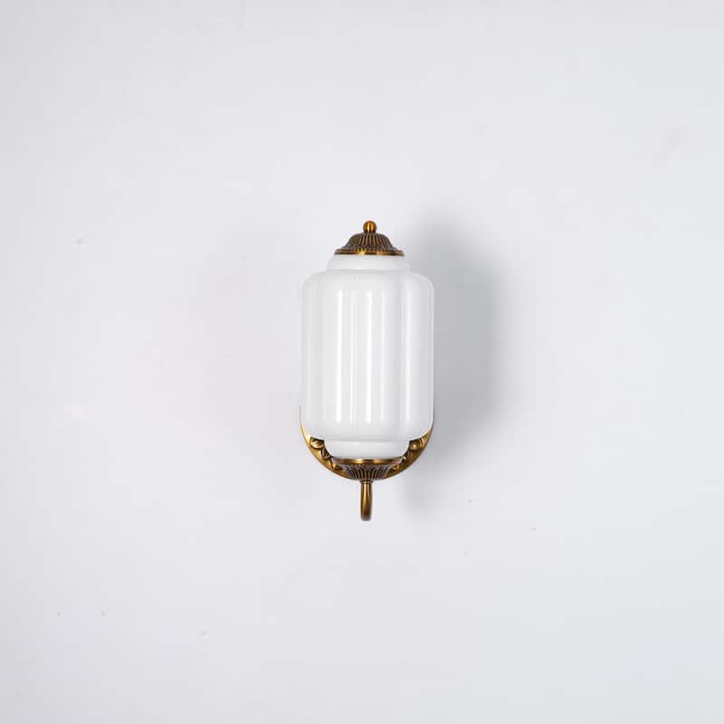 1-Light Vintage Antique Brass Finish Lantern Shaped Wall Light with Opal/Green Glass Shade for Bedroom, Hallways