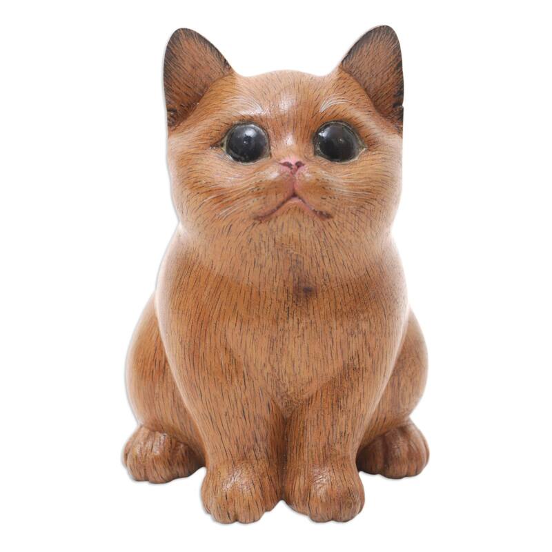 Novica Handmade Cozy Cat Wood Figurine
