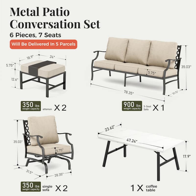 MAISON ARTS Patio Conversation Sets 5/7/9-Seat, Sofa Set with 2 Single Sofa Chairs, 3-Seater Sofa, Ottoman and Coffee Table