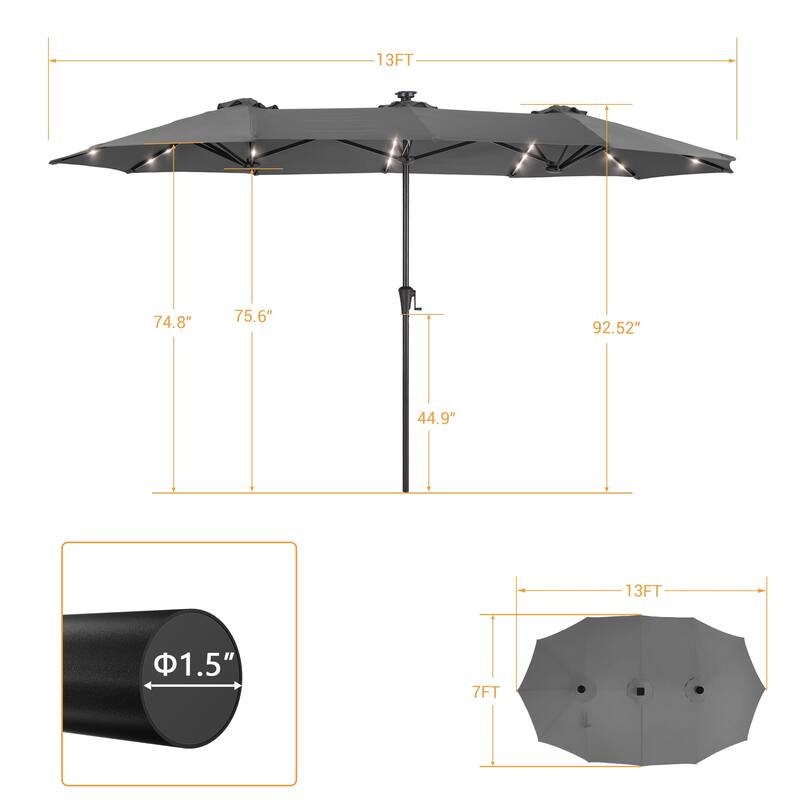 LIVOOSUN 13 x 7.2ft Large LED Double-Sided Rectangular Outdoor Patio Market Umbrella with Crank, Solar Panel, Navy Blue