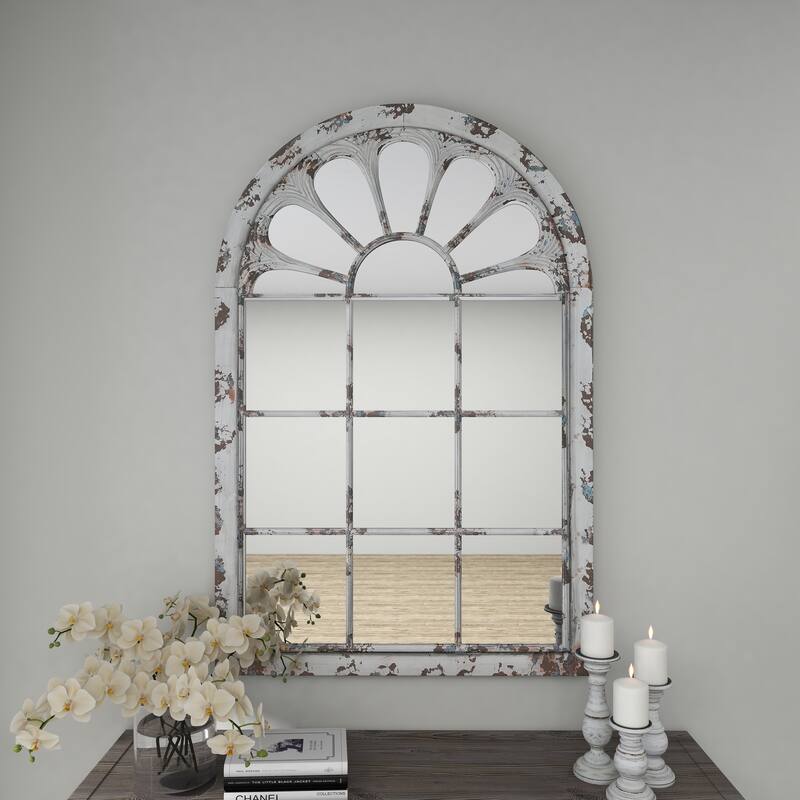 White Metal Window Pane Inspired Room Wall Mirror with Arched Top