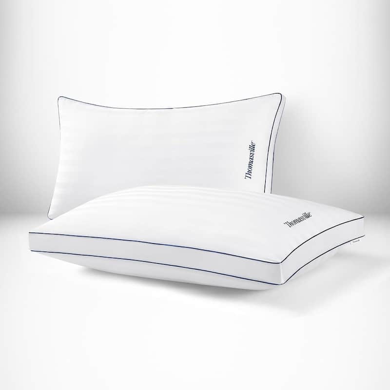 Thomasville 100 % Cotton Damask Stripe Hotel Bed Pillow with Supportive Gusset for Side Back Stomach Sleepers 2 Piece - King