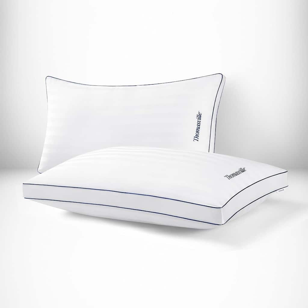 Thomasville 100 % Cotton Damask Stripe Hotel Bed Pillow with Supportive Gusset for Side Back Stomach Sleepers 2 Piece