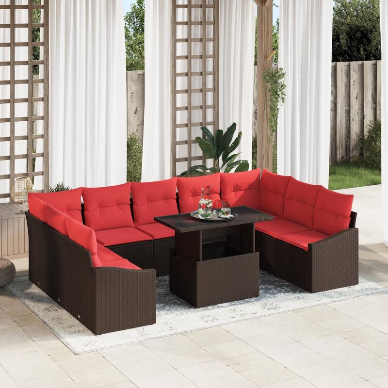 vidaXL 10 Piece Garden Sofa Set with Cushions - 113.8×70.3×27.2 - Brown