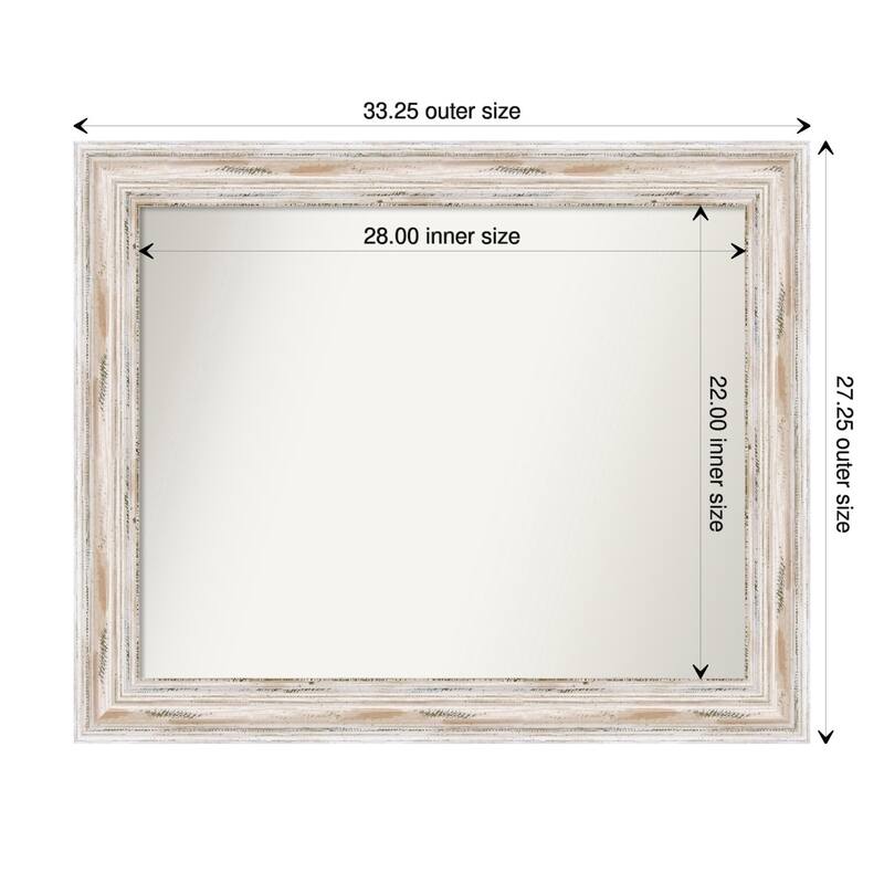 Alexandria White Wash Framed Non-Beveled Custom Wall Mirror, Bathroom Vanity Mirror - Outer Size: 33.25 x 27.25