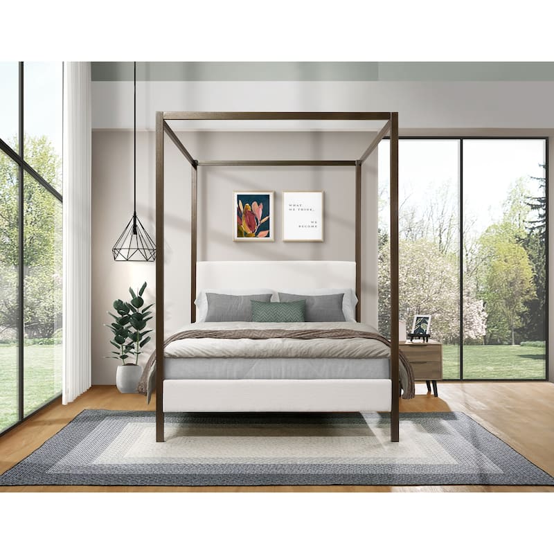 Boucle Upholstered Canopy Bed/ Metal Platform Bed Four-Poster Bed Frame