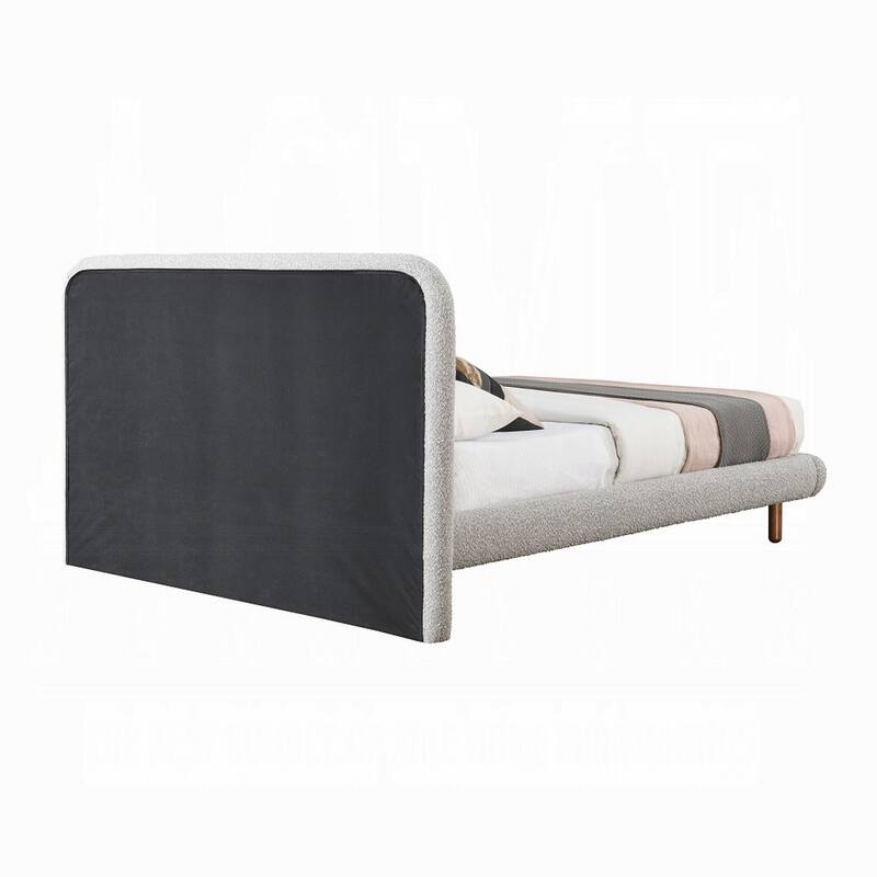 Damazy King Size Bed, Curved Edges, Gray Boucle Upholstery, Brown Wood