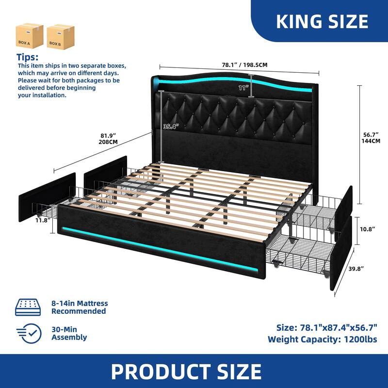 Moasis Queen Size Velvet Upholstered Bed Frame with 4 Storage Drawers & RGB Lights