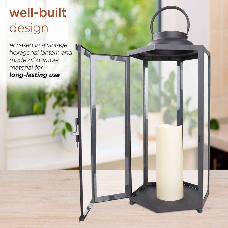Alpine Corporation 18" Tall Outdoor Hexagonal Battery-Operated Metal Lantern with LED Lights, Black