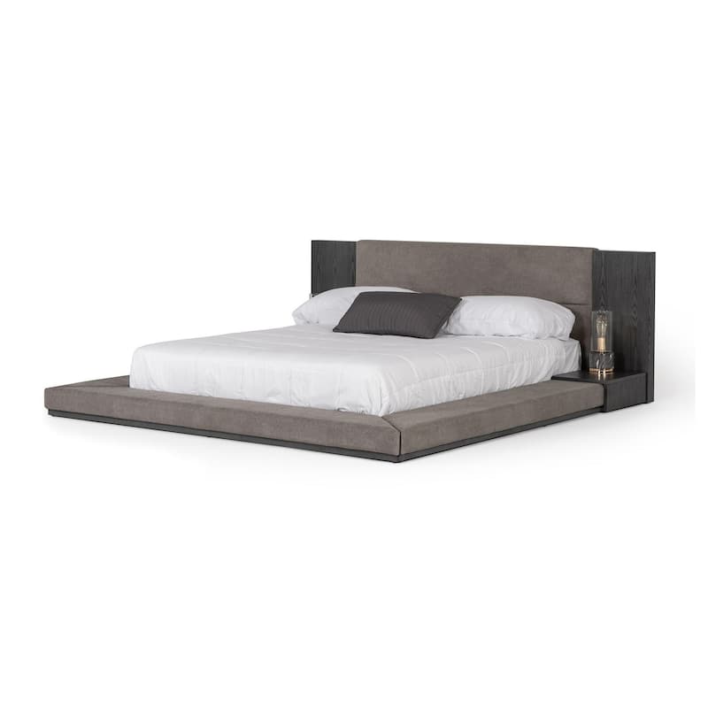 Noe Ruby Queen Bed with Built in Nightstands, Low Height, Gray Upholstery