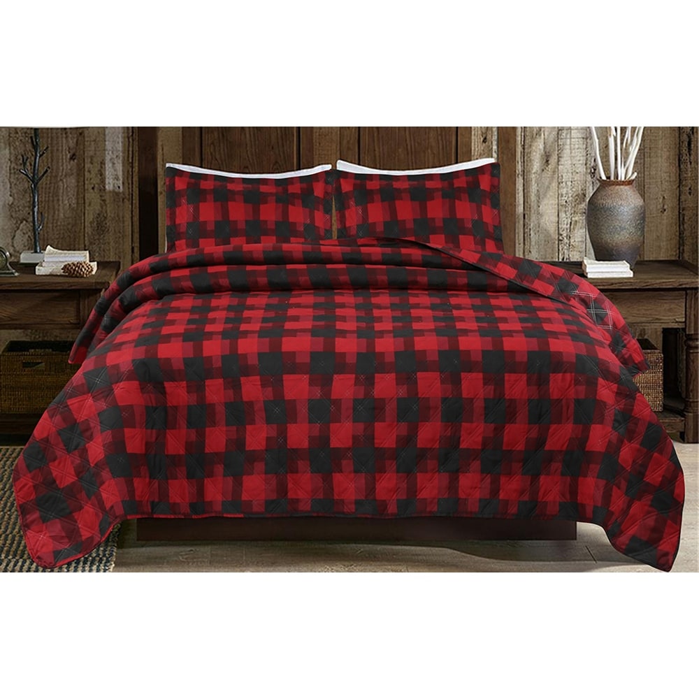 RED BUFFALO CHECK PLAID LODGE CABIN COVERLET Queen QUILT SET HUNTINGTON Full 