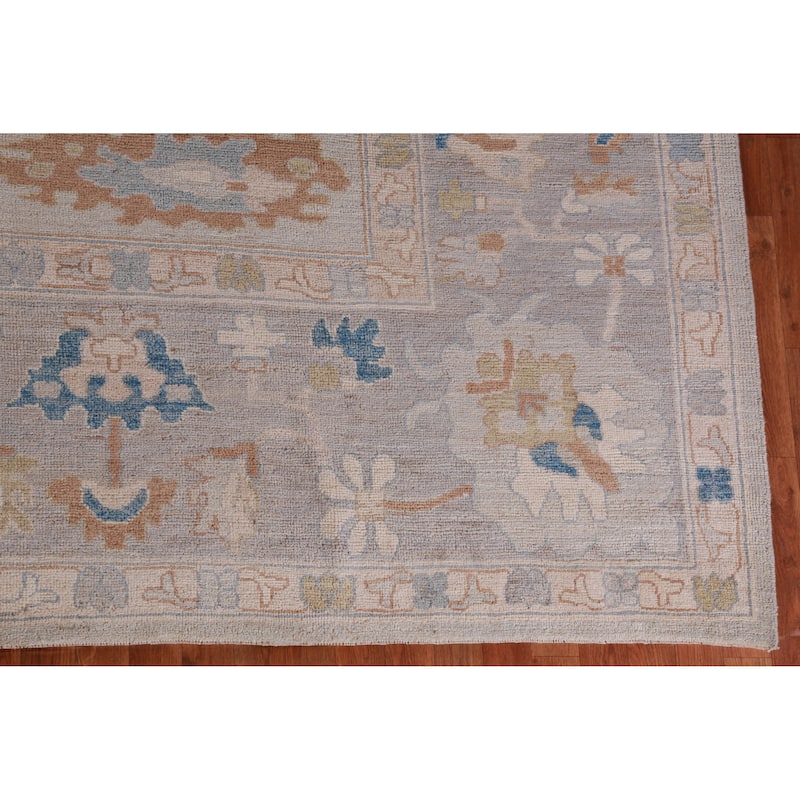 Vegetable Dye Oushak Turkish Rug Hand-Knotted Beige Wool Carpet - 12'6" x 14'9"