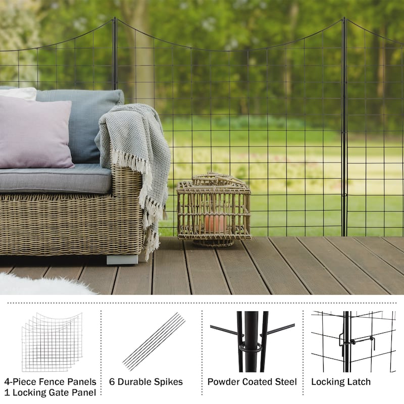 Garden Fence - 39-Inch-Tall No Dig Decorative Wire Fencing with 4 Fence Panels and 1 Locking Gate by Pure Garden (Black)