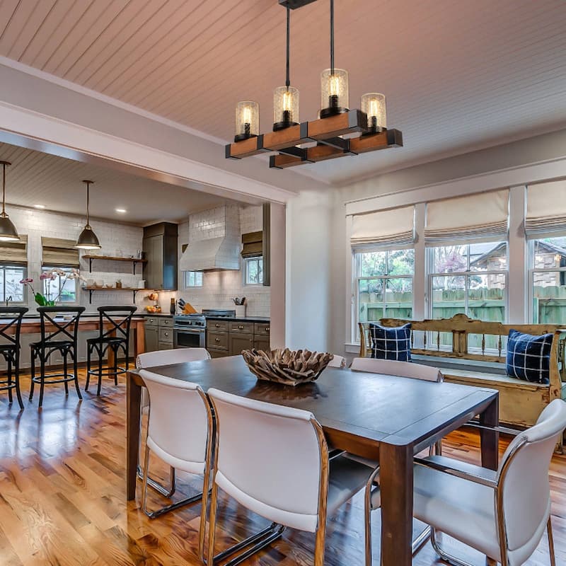 Anmytek Modern Farmhouse 6-Light Wood Black Chandelier Linear Kitchen Island Lights with Cylinder Glass