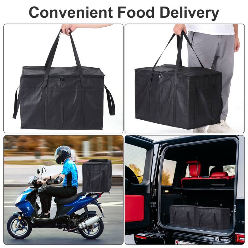 2Pcs Insulated Reusable Grocery Bag Food Delivery Bag with Zipper 22.8"x13"x15" - Black