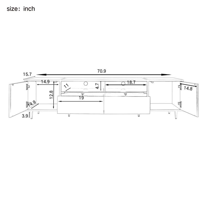 70.9'' Modern TV Stand for TVs up to 80'', Entertainment Center with LED Lights, 2 Cabinets, 2 Drawers & Metal Legs