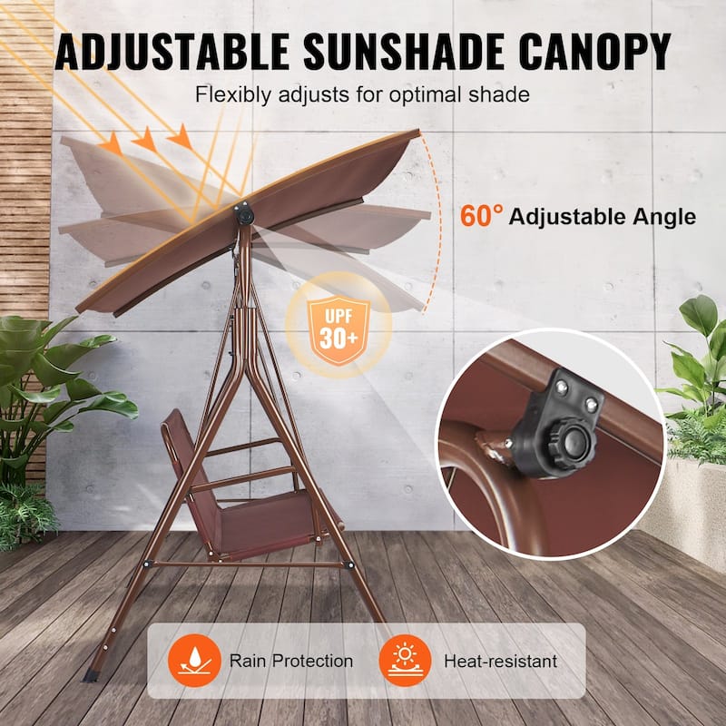 Outdoor Swing Chair for 3 Adjustable Canopy, Alloy Steel Frame, Brown - 68.5"×43.1"×61"