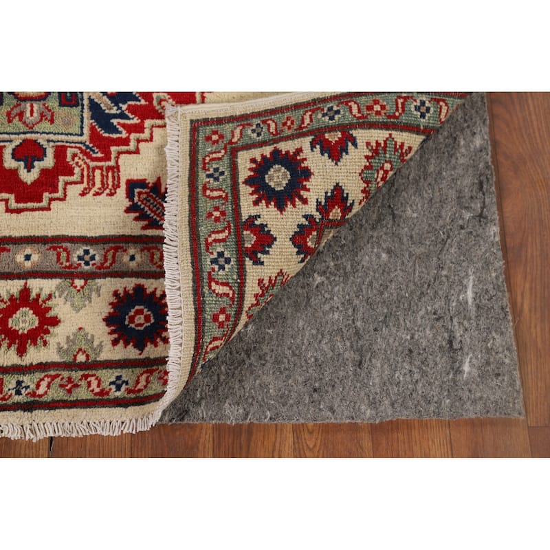 Geometric Ivory Kazak Oriental Accent Rug Handmade Wool Carpet - 3'5" x 4'11"
