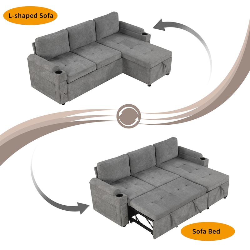 83.5" L-Shaped Convertible Sectional Sofa Bed with Storage Chaise Cup Holders USB Ports Chenille Couch for Living Room