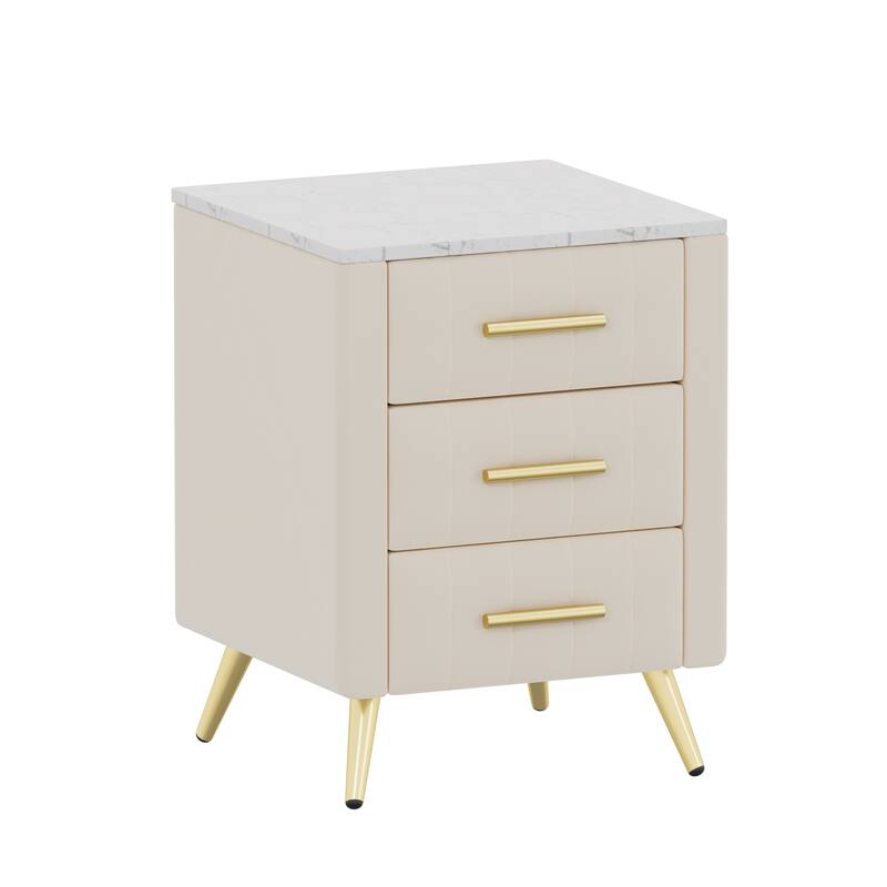 Upholstered Wooden Nightstand Featuring Three Drawers With Metal Legs And Handles.