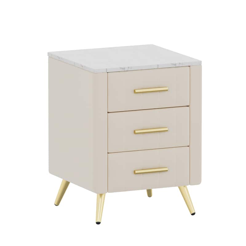 Velvet Nightstand with Storage, Round /Square Bedside Table with 3 Drawers, Metal Handles,Marbling Stickers Top