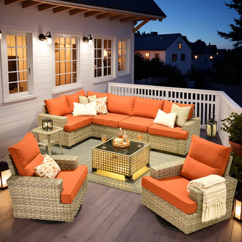 OVIOS 9 Pieces T shaped Seat Wide Armrest Swivel Chair Set With Solar-Powered Table - Orange/Red