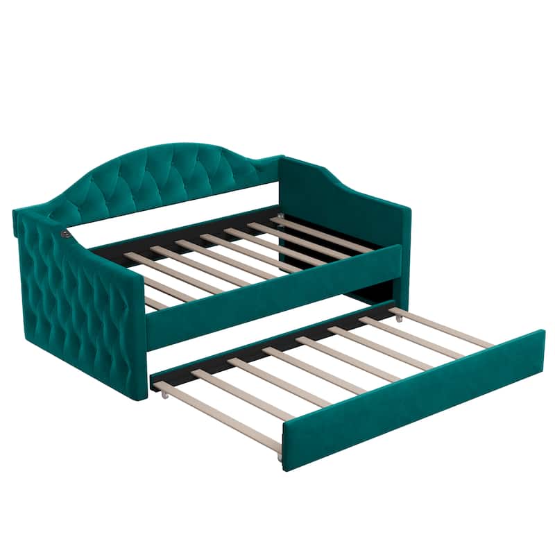 Tufted Upholstered Frame Daybed Velvet Sofa Bed with USB and Type-C Charging Ports, Twin Platform Low Profile Bed with Trundle