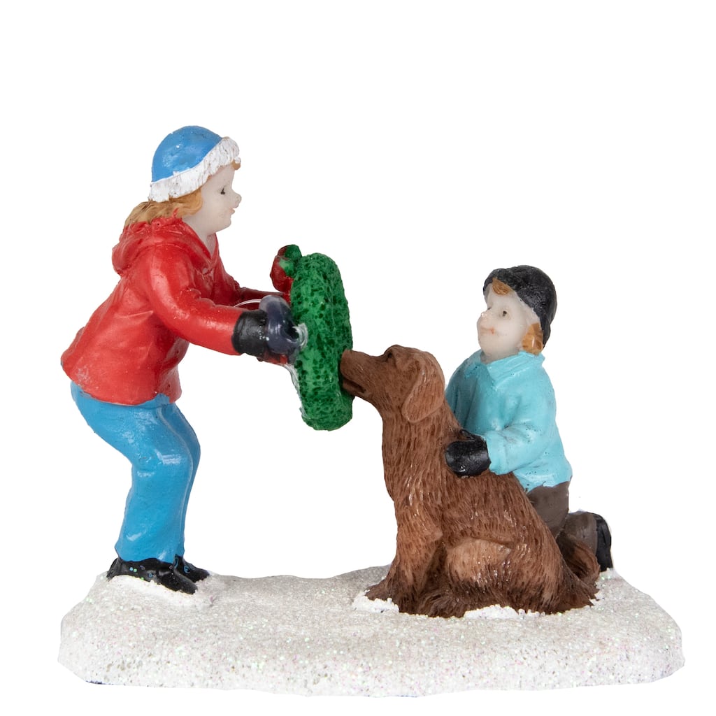 Children with Dog and Wreath Christmas Village Display Piece - 6"