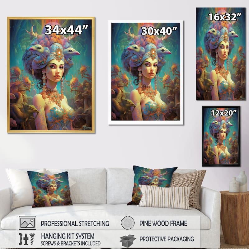 Designart "Exquisite Goddess In Psychedelic Pastels" Fashion Woman Framed Wall Art Living Room