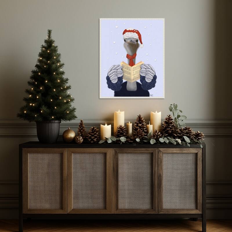 Ostrich Carol Singing by Fab Funky (23 x 28 in.), Framed Canvas Wall Art Print - Sylvie Beaded White