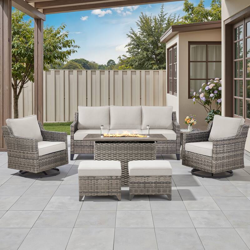 Pocassy 7 Pieces Sofa Siwvel Chair Ottoman w/ Fire Table - Beige Cushion Gray Wicker - 7-Piece Sofa Siwvel Chair Ottoman w/ Fire Table