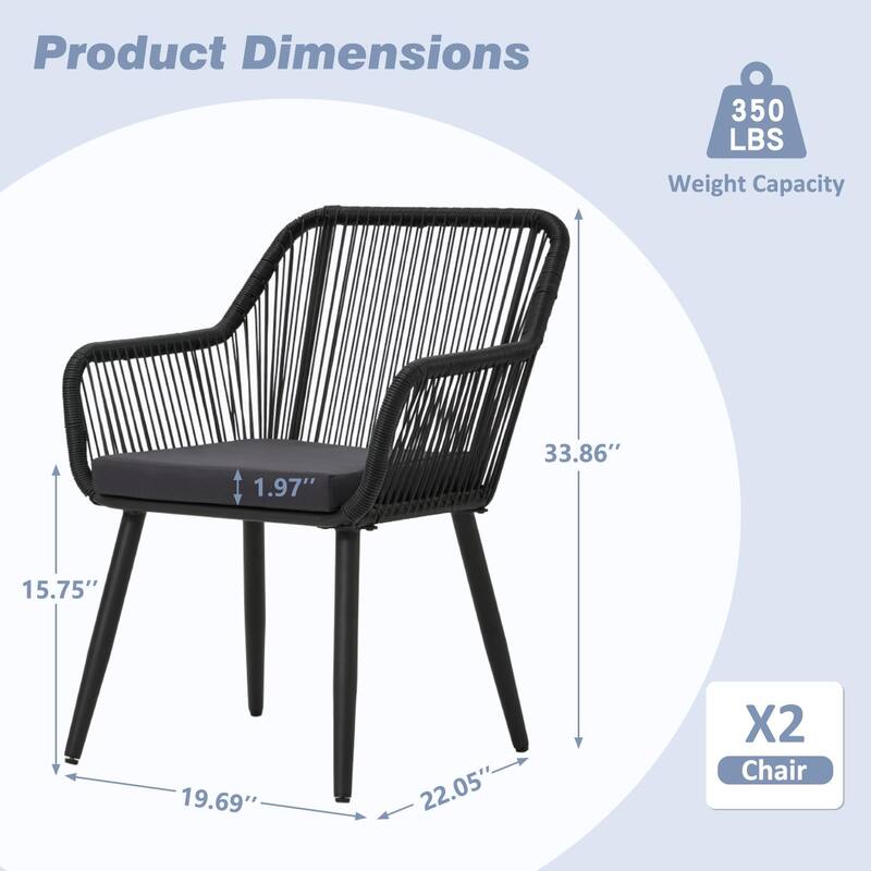 Outdoor Patio Dining Chairs Set of 2, Wicker Rattan Balcony Chairs with Removable Cushions, Ergonomic Armrests and Backrest