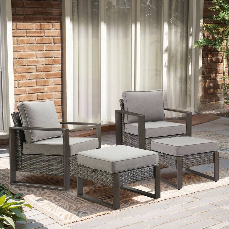 Outdoor Patio Chair with Thick Cushion - Grey Wicker Grey Cushion - 4PCS Patio Chair w/ Ottoman