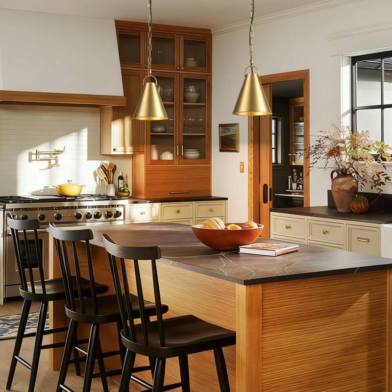 7.3" 1-Light Retro Brass Finish Pendant Light with Cone Shade for use in Bedroom, Kicthen Island