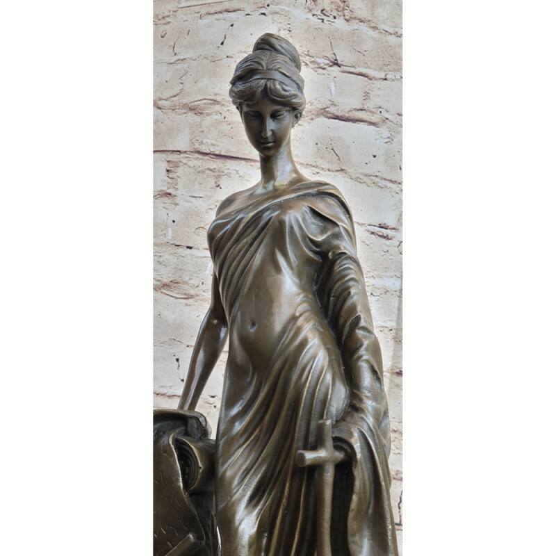 Young Roman Woman Leaning Against Pillar Bronze Figure Statue Sculpture Decor