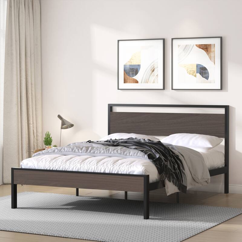 Ceres Queen Metal Bed - Black with Walnut Wood Headboard & Footboard